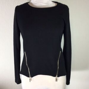 Kzell Women’s Sweater Black Long Sleeve Zippers Sequin Back Scoop Neck Sixe S